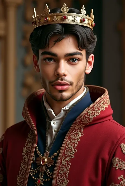 This man is a prince who has a crown over his head, it's a crown that's not that big, his clothes are from the medieval era, beautiful clothes.