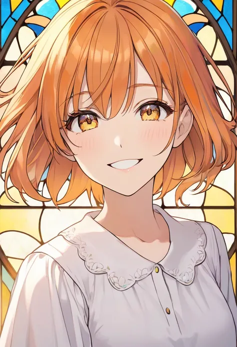  Adult Female,  short orange hair and yellow eyes、 face close-up、Fearless Smile、(casual white dress)、pastel stained glass background