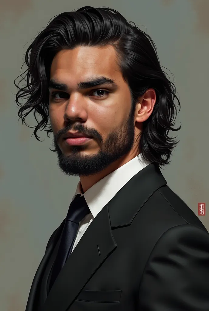 Realistic portrait of a young man about 19 years old, Athletic physique and weight around 80 kg. He has black hair, black long/Medium wavy almost curly similar to Jason Mamoa's (type 2C ) Slickedhair and full beard average size. His style mixes sophisticat...