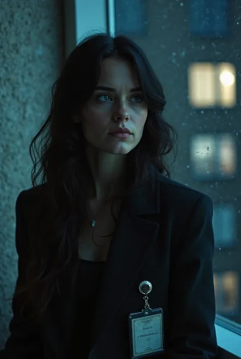 woman with long black hair and blue eyes, black jacket and badge, on a window sill, on the terrace of a building at night with another brown-haired woman holding a notebook. Americanas Cinematographic. Real.Cinematography, 