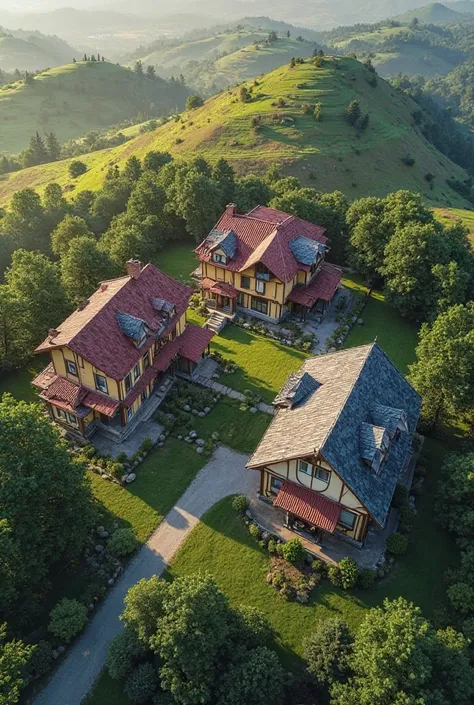 Arial view of 3 different house that is 20 meters away from each other and can form a triangle on its way to each other 