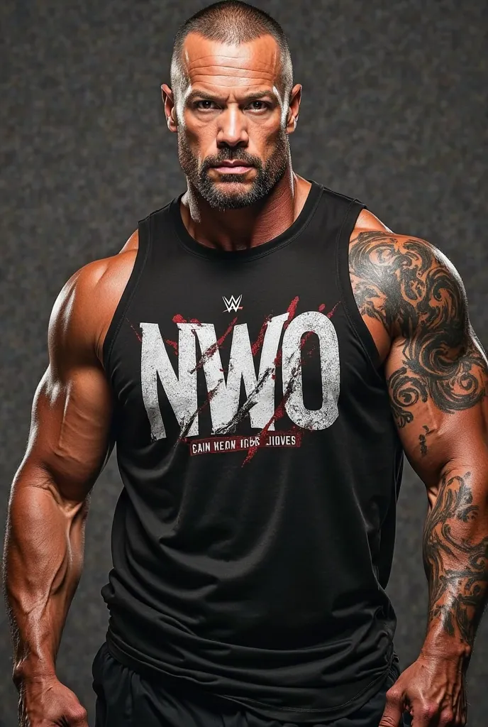 Do you know WWE I would like to create an image of The Rock Final Boss, chief executive of TKO, supporting a Jhon Cena Heel, leader of the NWO New World Order, being a faction where Drew Mcyntire is also present., Seth Rollins and Kevin Owens all wearing t...