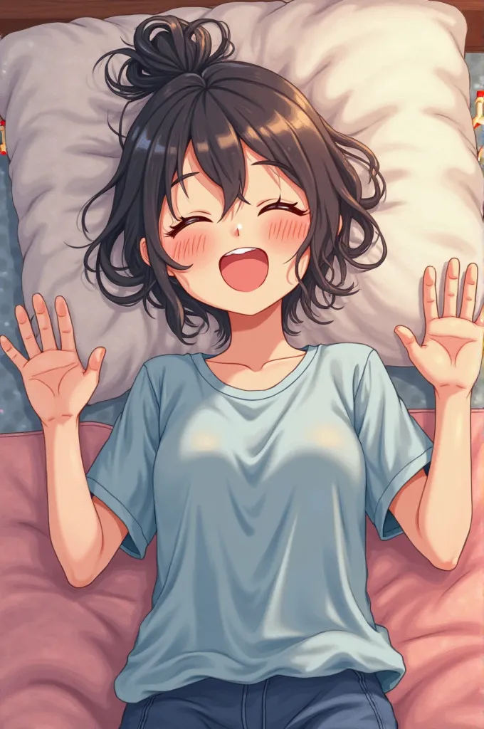 
A young japonese anime woman with black hair tied up in a messy bun is lying on a cozy bed, wearing a loose blue shirt and comfortable pants. Her face expresses joy and relaxation as she laughs, squirming slightly while feeling ticklish. Her eyes are half...