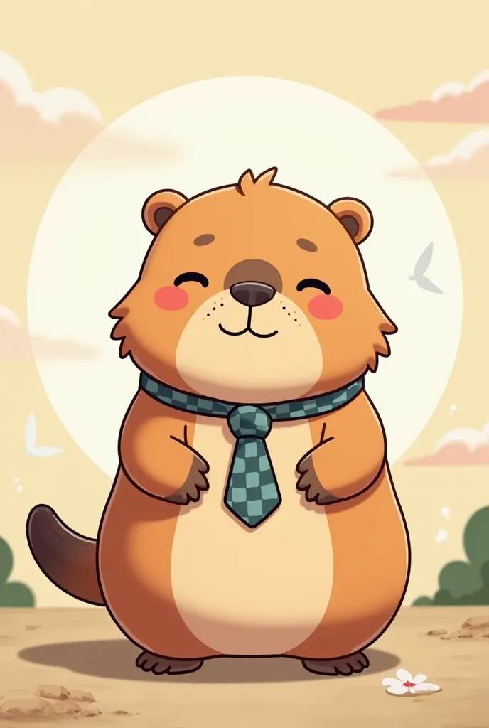  an animated capybara, cute with a michi tie, bottomless. Japanese-style animation