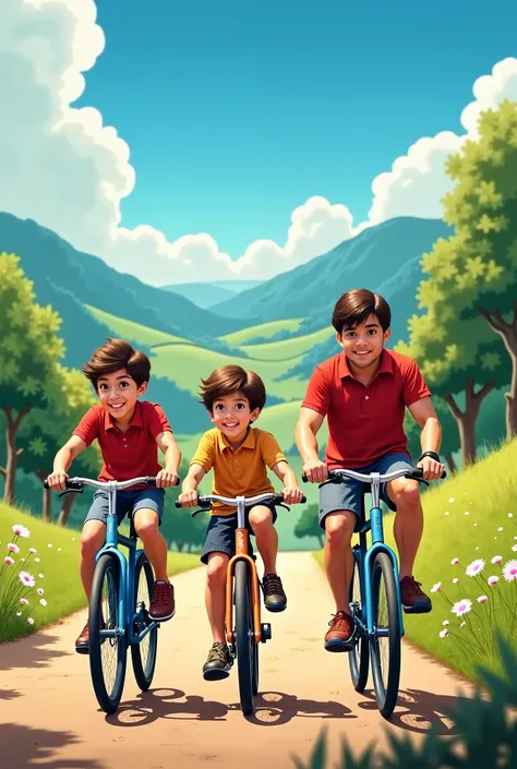 2 boys and men on bicycles