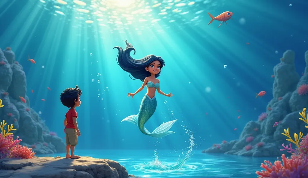 3d cartoon mermaid Meera dives into the deep sea, her glowing tail disappearing into the waves, while Arjun watches her leav