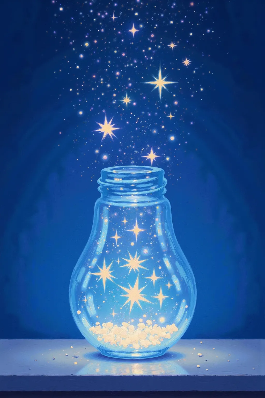 A light bulb，It contains glowing stars， blue background 