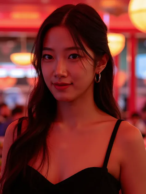 A Korean woman，The most beautiful and delicate face, Profile，bust, Not too big breasts, Her cleavage exposed, Looking at the audience, Half-length photo, Movie Lighting, glow, neon,With big earrings，The earrings should be exposed。