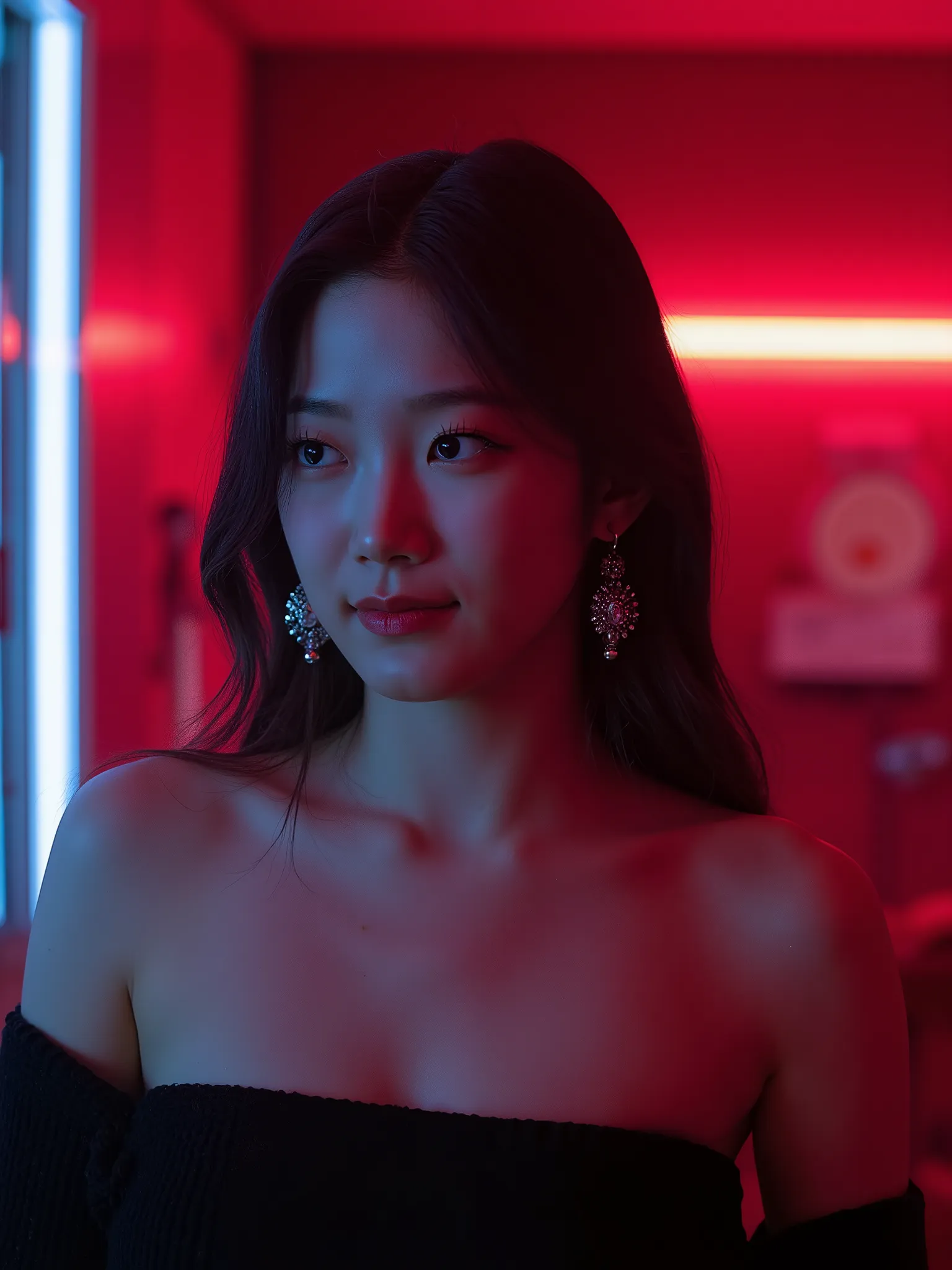 A Korean woman，The most beautiful and delicate face, Profile，bust, Not too big breasts, Her cleavage exposed, Looking at the audience, Half-length photo, Movie Lighting, glow, neon,With big earrings，The earrings should be exposed。