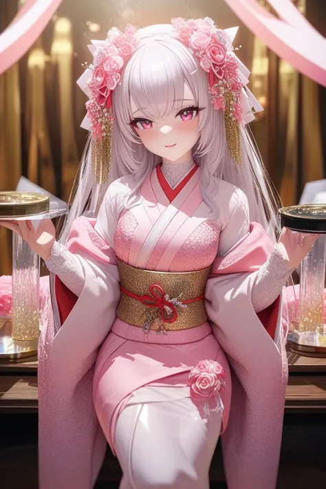 千石撫子風Anime-style, cute woman, wedding, wearing kimono, completely white, glossy, fair-skinned, sitting upright with hands in front, crisp and realistic, sparkling transparent pink gorgeous and lovely kimono figure with white base high resolution, accurate,...