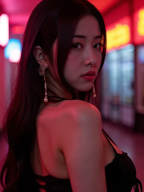 A Korean woman，The most beautiful and delicate face, Profile，bust, Not too big breasts, Her cleavage exposed, Looking at the audience, Half-length photo, Movie Lighting, glow, neon,With big earrings，The earrings should be exposed。