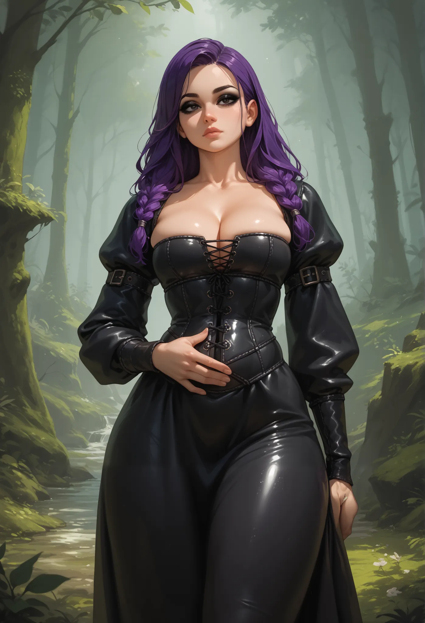 score_9, score_8_up, score_7_up, Fern, 1girl, solo, feminine body, thicc thighs, curvy, long purple hair, black eyeliner, cleavage, midriff, skindentation, toned, at the forest, dressed in medieval peasant dress, dress covers stomach, leather corset