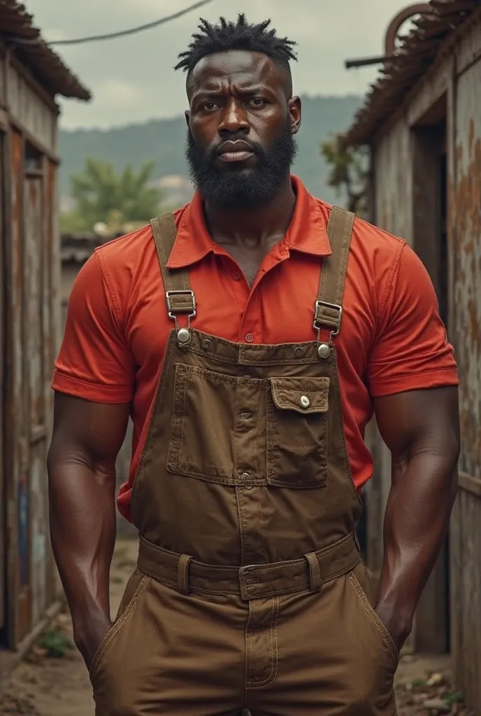 Black man in red shirt and brown overalls 