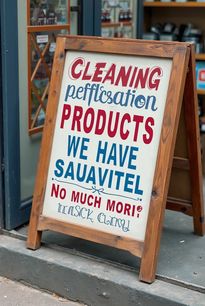 I would like you to generate a sign for my cleaning products store that says the following: 
CLEANING PRODUCTS WE HAVE: chlorine , SUAVITEL , Soda , pino , fabulous , VANISH , INSECTICIDE AND MUCH MORE!