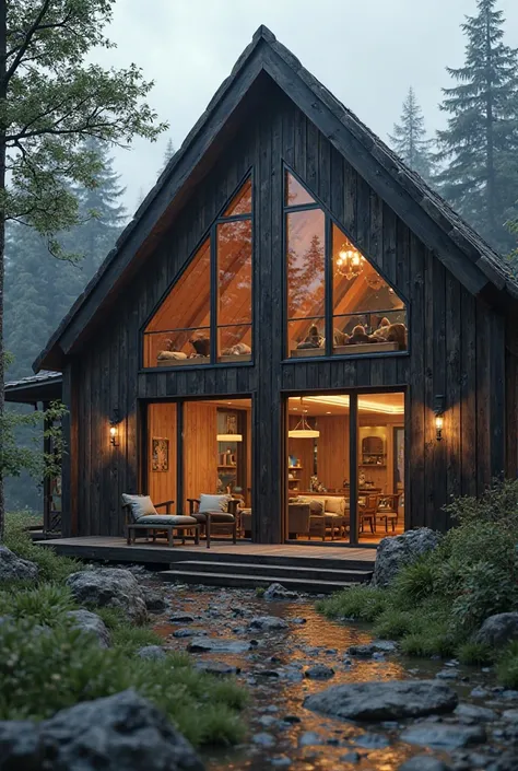 Create an ultra-realistic macro photo of a giant dark-colored cedar house wall, that will have lots of tiny people, that wash its large panoramic window. Highly photorealistic,  8k resolution, depth of field, surround lighting, ultra-sharp focus - 9:16