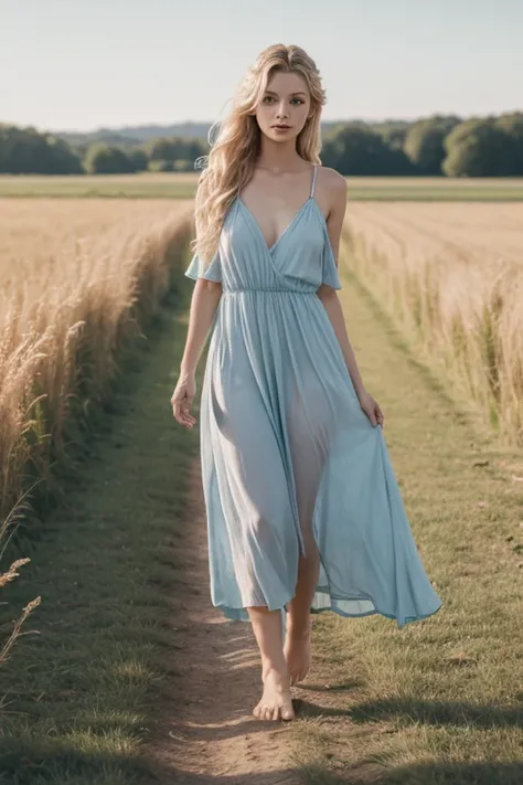 a beautiful woman with long, wavy blonde hair walked through the field, wearing a long, pink dress with her bare feet feeling the soft, cool earth on her side a large, white wolf with blue eyes