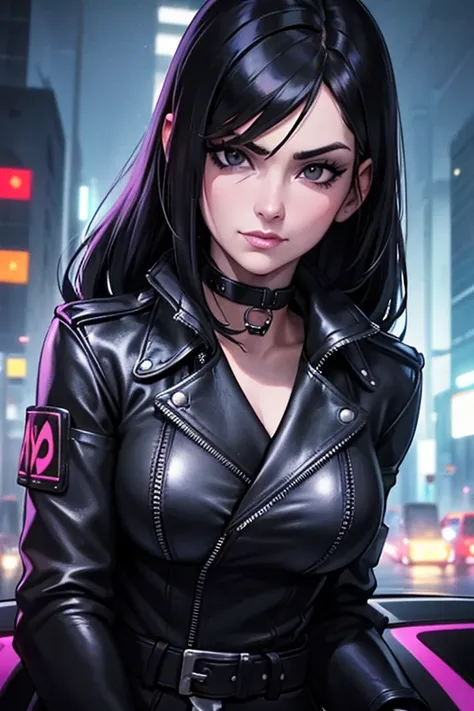 a beautiful adult woman, age group 30 years ,             uniform with long black hair ,      open in front     ,  black eyes combining black leather jacket with short black blouse and choker with buckle,      in a nighttime setting    , dimly illuminated ...