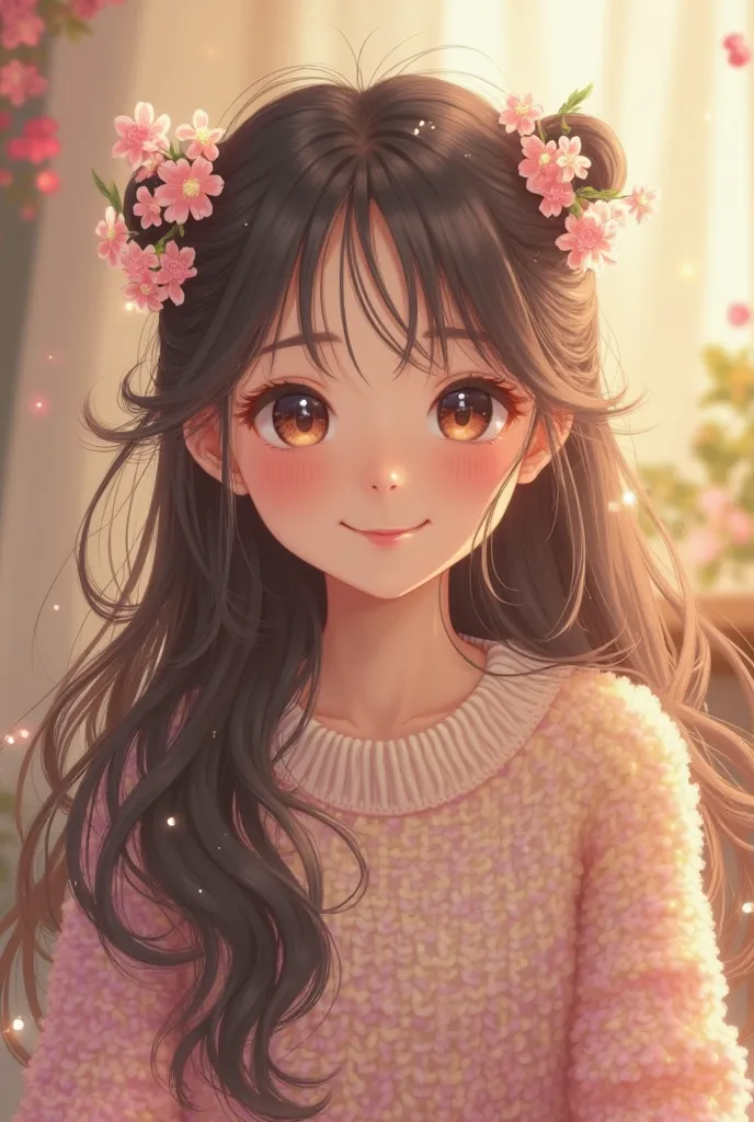 "A cute portrait of Emi, an Asian girl with a charming smile and sparkling eyes. She has long, flowing hair adorned with delicate flowers or hair accessories that add a playful touch to her look. Emi is wearing a cozy, pastel-colored sweater that enhances ...