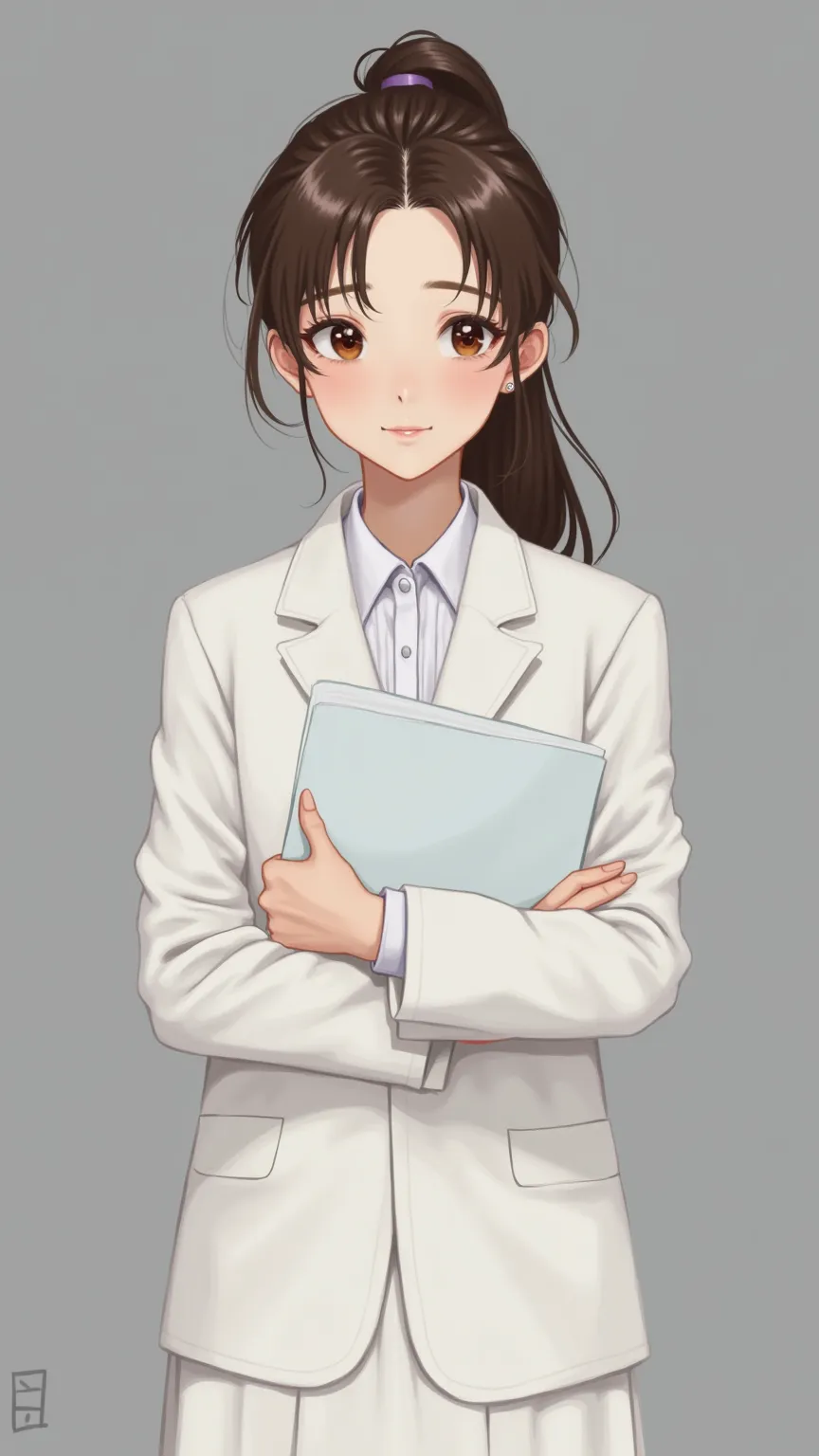 Korean girl,brown eyes,Chubby cheeks,brown hair, long hair,One-sided ponytail,wearing a white suit,knee-length white skirt,secondaryเท้าสีแดง,Standing Pose,Holding documents,secondary,highres,detailed,photorealistic,В virtual reality,Studio photo,elaborate...