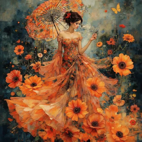 Create an elegant illustration of a woman in a flowing dress made of orange and red giant poppies, featuring intricate floral patterns. She is holding a decorative umbrella, with a softly textured background that complements her appearance. Use vibrant col...