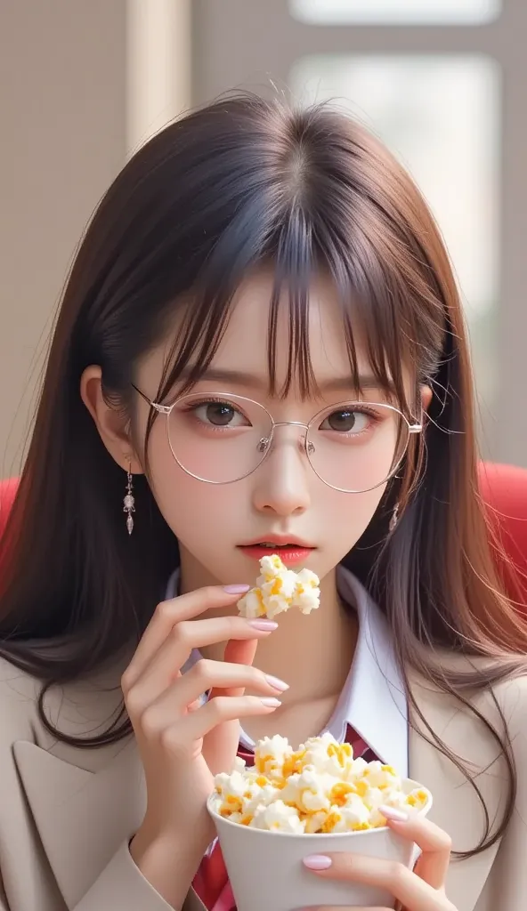 A cute Korean university girl wearing 3D glasses, casually eating popcorn in a movie theater. She looks relaxed and focused on the screen, unaware of the conversation happening in front of her