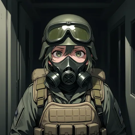 A soldier, bulletproof vest, gas mask, night vision goggles, big backpack, dark-style,