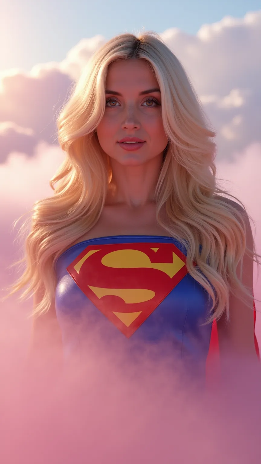 Close-up of an imposing figure, a young woman in a 1980s Supergirl costume ((20years old with large breasts; Supergirl 1980s costume; glued to the body; beautiful and elegant; huge breasts; blonde hair with some white strands))) and piercing gaze, floating...