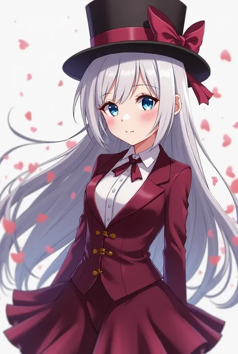 Create an anime girl with blue eyes, She wears a top hat with a bow, The top hat and the wine ribbon, She's also wearing a burgundy suit with a skirt, She is 19 years old and has long white hair with a burgundy lock 