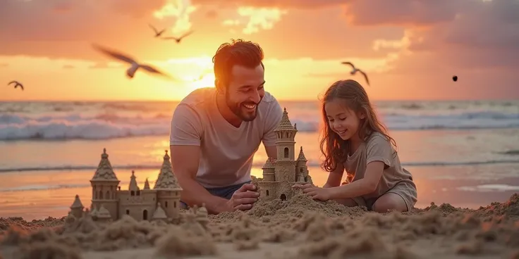 Happy Father And Daughter Building Sandcastles On The Beach At Sunset Background high quality 8K 3D Ultra HD