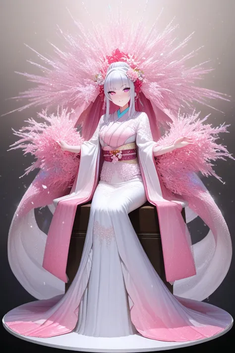 千石撫子風Anime-style, cute woman, wedding, wearing kimono, completely white, glossy, fair-skinned, sitting upright with hands in front, crisp and realistic, sparkling transparent pink gorgeous and lovely kimono figure with white base high resolution, accurate,...