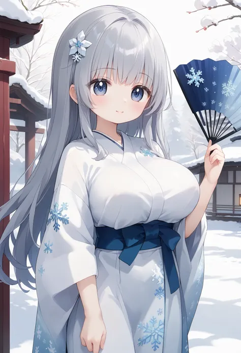white retro modern kimono、 Snowflake decoration on kimono、long straight hair with gray hair、 hair down、white flower and snowflake hair ornament、Sister、Soft and fluffy、Gentle、cute、Big Breasts、holding a blue fan in their hands、with snow falling on the backgr...