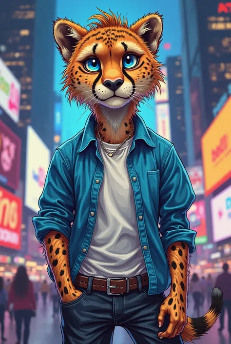 best quality, Super detailed illustration, Cartoon illustration, shaggy cheetah, blue eyes, blue shirt,  detailed face and body , , disheveled thick hair in rainbow colors,  white shirt, black jeans, smug smile, beautifully drawn eyes, against the backdrop...