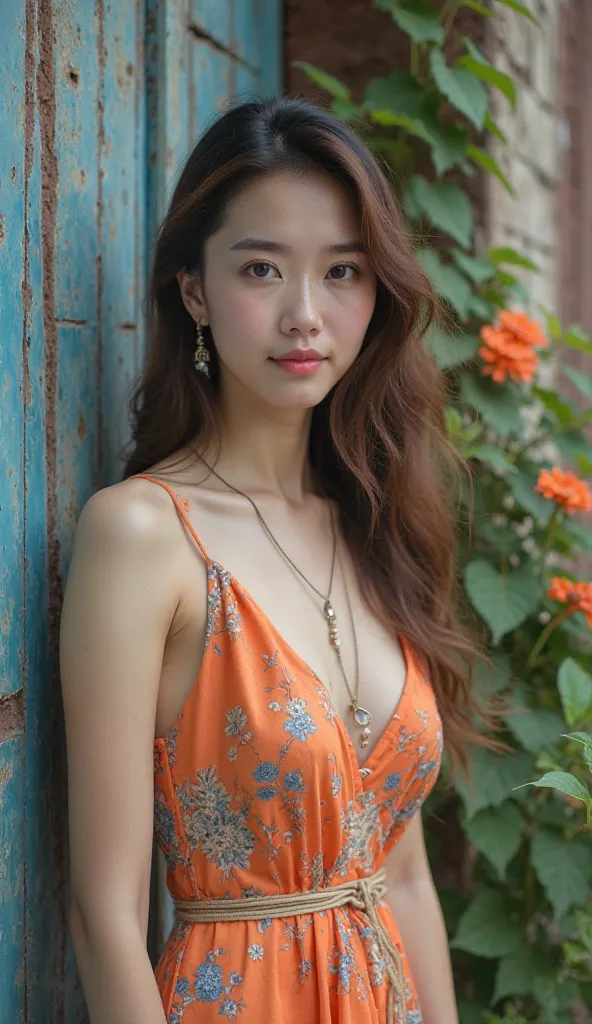 The photography style is very complex and detailed, showing a beautiful Thai woman with a thin necklace, porcelain pale skin, long brown hair, lovely and charming face, big and plump breasts, cleavage, wearing a sleeveless dress with jujube orange and ligh...