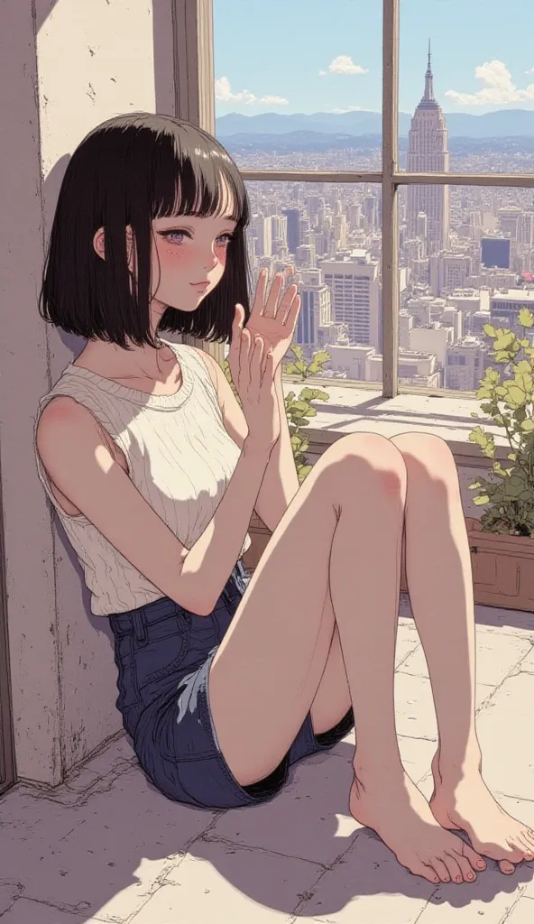 Aerial photography、with your legs raised up、viewers、Anime woman putting her hands together and begging, [ 4k digital art ]!!,Overlook、 black hair、short bob hair、  boob emphasis,Sleeveless beige knit、 Is pixiv, On pixiv, like  ART GEL , Sincerity,  pixib 3D...