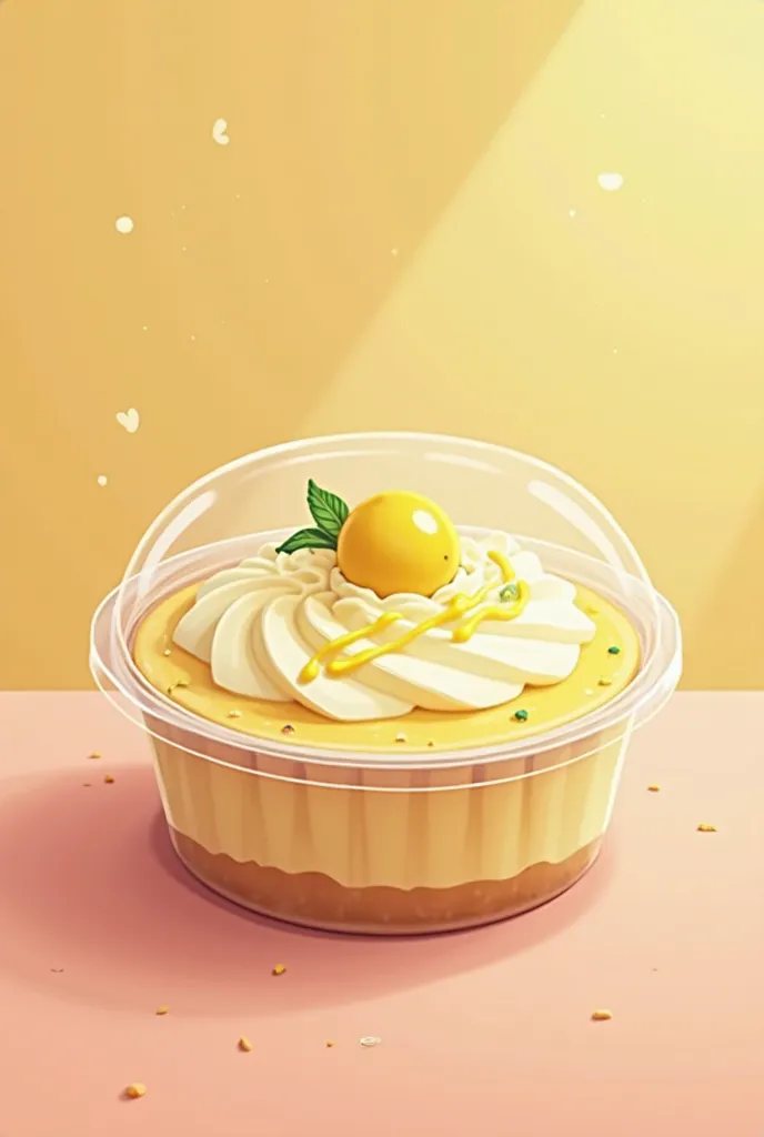 I only want a round plastic container with a dessert inside which is a lemon cheesecake in animated image 