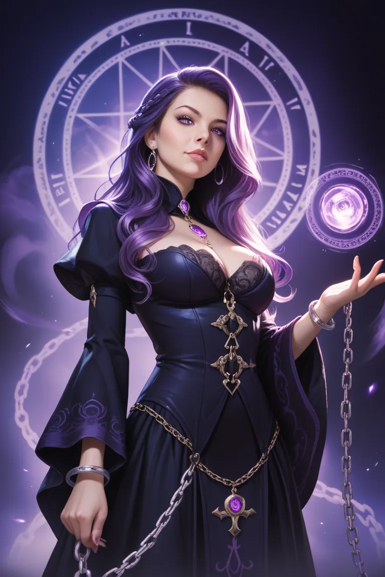 woman with long purple hair Team has deep purple eyes. wearing a black witch costume The team has a chain following the skirt.