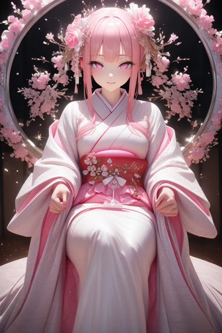 千石撫子風Anime-style, cute woman, wedding, wearing kimono, completely white, glossy, fair-skinned, sitting upright with hands in front, crisp and realistic, sparkling transparent pink gorgeous and lovely kimono figure with white base high resolution, accurate,...