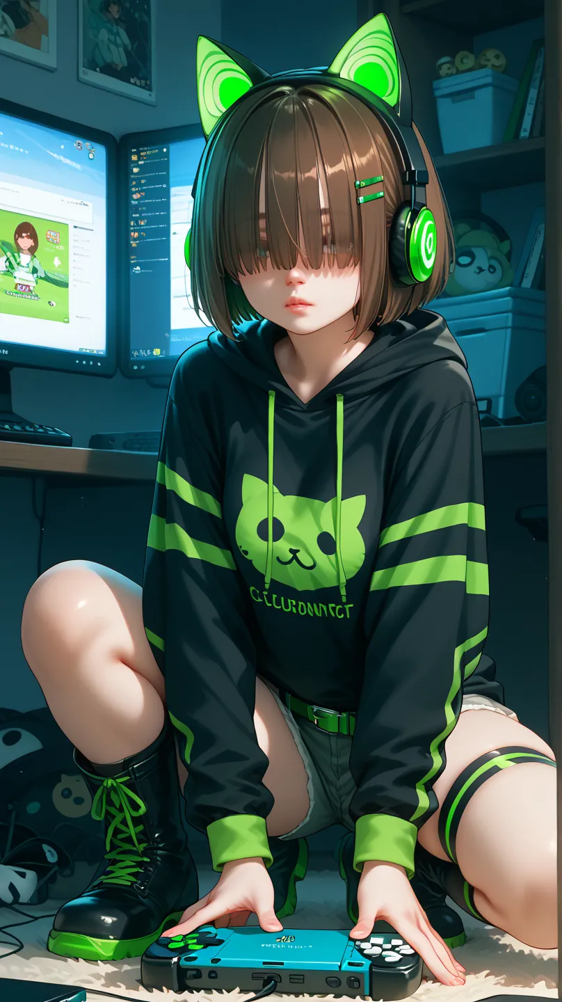 Gamer girl playing on a portable game console、masterpiece、Best Quality、uncorrected、Night room with gaming computer and game console、Hair over eyes、brown bob cut、glowing gaming headphones with cat ears、Fluorescent green line on large black hoodie、fluorescen...