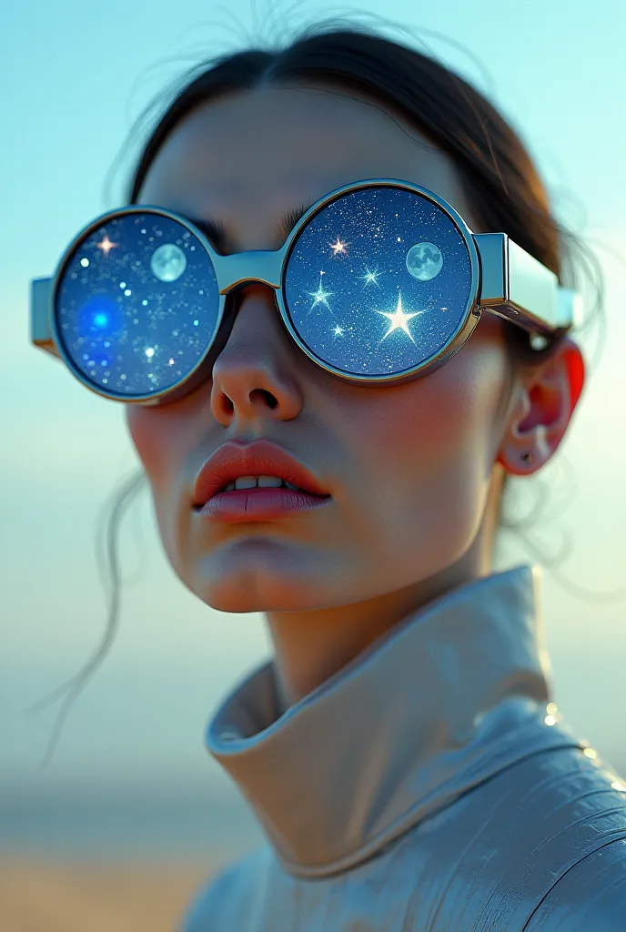 The model is wearing glass sunglasses with stars and the moon on the glass