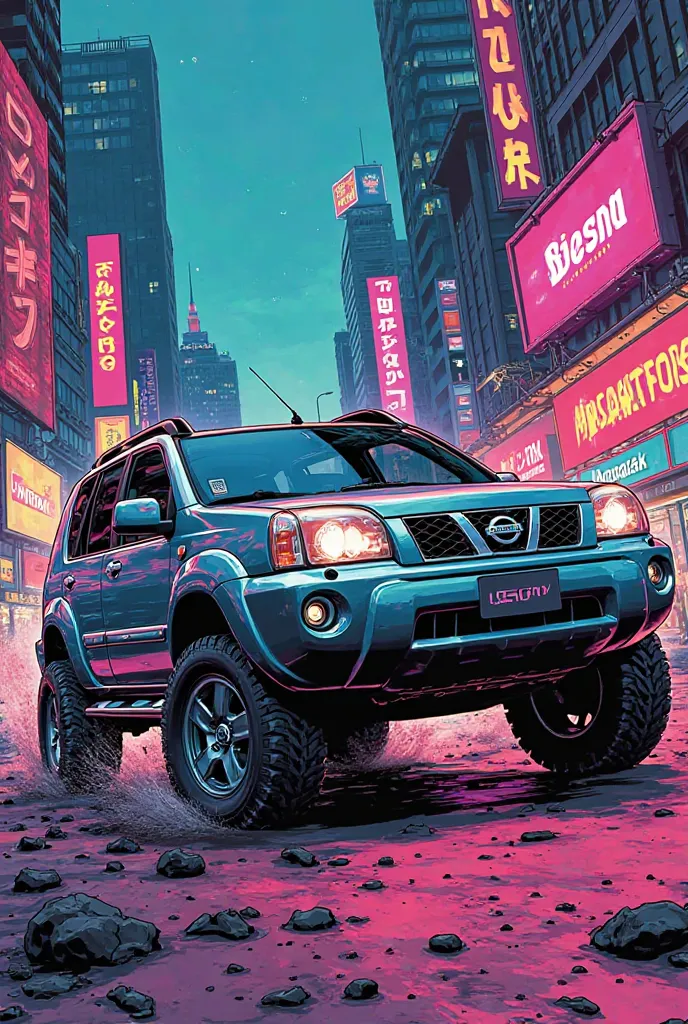 X-Trail 2005 в стиле 90-х, comic book with dynamic action and vivid details.