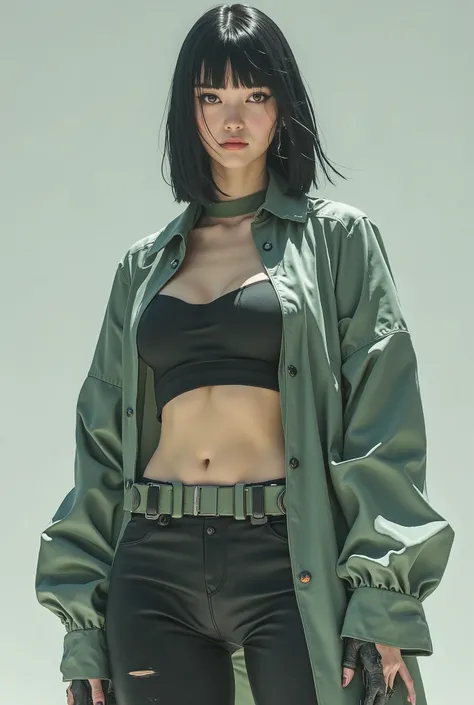 a beautiful Korean woman with fair skin, black bob hair with straight bangs, large breasts, low-cut clothing that leaves her belly exposed, a short grayish green coat, black mini shorts, tights that mark her leg and boots that are a high-top version of the...