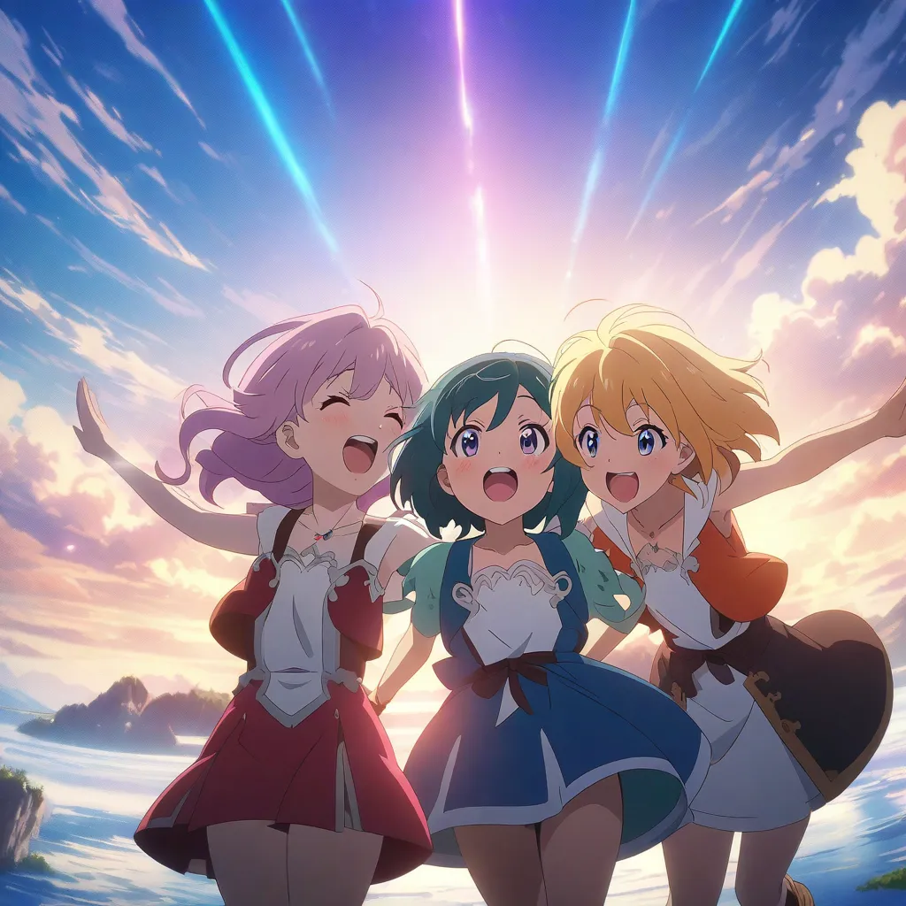 Let's go to another world, anime style, high quality, detailed anime character, 3 or 4 young female friends, excited expression, flying together in the beautiful sky, cinematic composition, vibrant colors, 4k