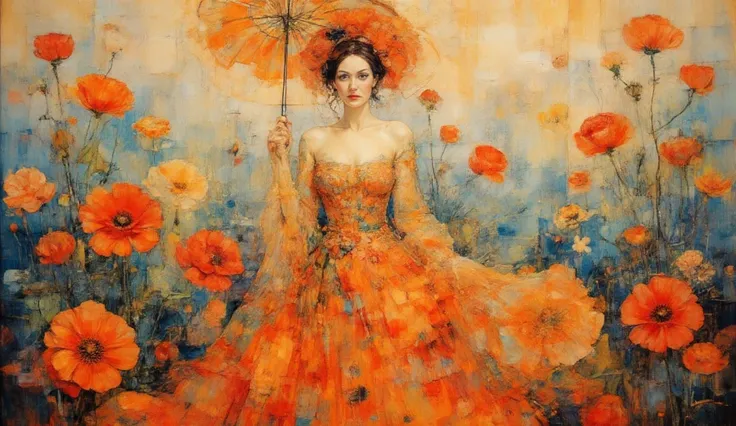 Create an elegant illustration of a woman in a flowing dress made of orange and red giant poppies, featuring intricate floral patterns. She is holding a decorative umbrella, with a softly textured background that complements her appearance. Use vibrant col...