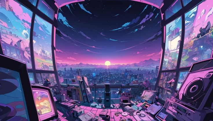  lo-fi,Ultra Wide Angle, (from behind), Toy Soldiers - Martika ( night ), Pink and blue sunset , (beautiful night views from windows), A lot of things ,  2D anime style , Copy 80s Anime Aesthetics ,  lo-fi, very well detailed,  hard disk,  anime style and ...