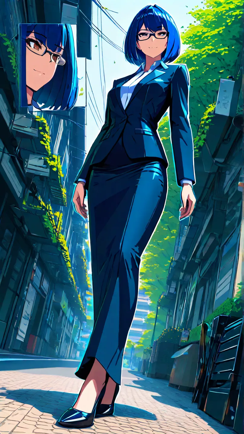 1girl,cool girk,blue hair, bob cut,brown eyes,, glasses,small breasts,

at mornign, spring,on street,


face focus,from below,character focus,full body, 

smiling,

pencil skirt,suit,secretary,

best quality, best quality,ultra detailed,high resolution,sup...