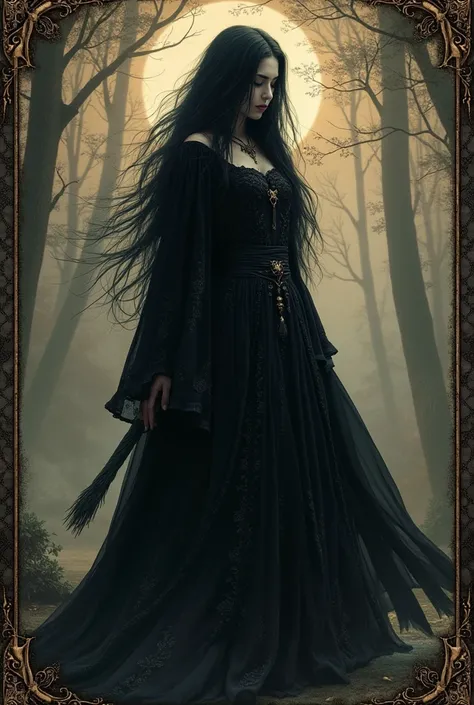 I need the cover of a very old book from 1800 by a witch named Ravena Crow, That she became weak but her power still exists within her. Ravena has black hair and white skin, She wears a black dress and is a corrupted Druid who walks in the shadows.