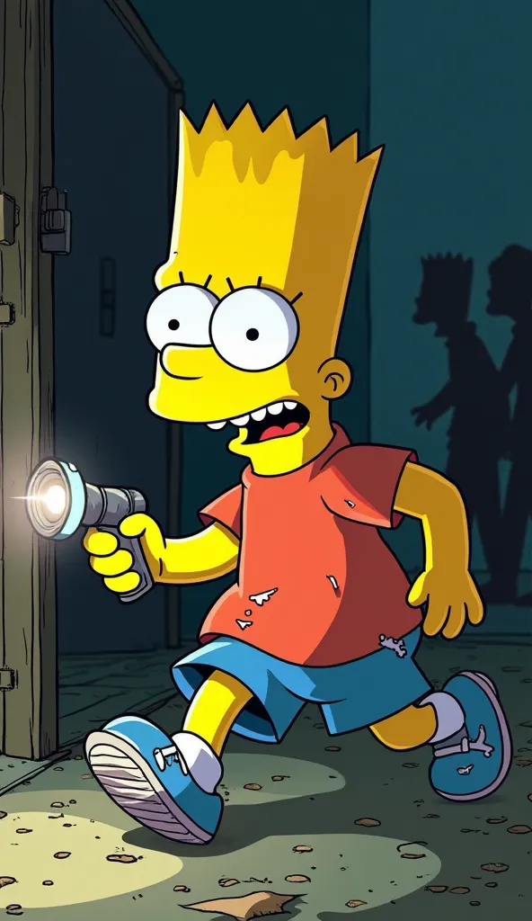 Bart Simpson
"A yellow-skinned boy with spiky hair, wearing his usual red t-shirt, but now dirty and torn. He's holding a broken flashlight, with an expression of fear and adrenaline on his face.  His eyes are wide , and he seems to be running from somethi...