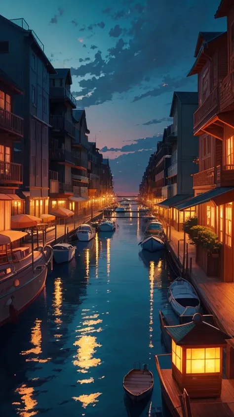 A breathtaking coastal town bathed in the warm hues of the evening sky, where an emerald green sea stretches endlessly, reflecting the golden light of sunset. The harbor is lined with vibrant, colorful buildings, their facades glowing softly in the twiligh...