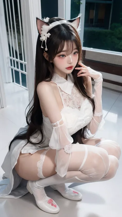 A girl with a perfect figure， Very beautiful face and eyes，long hair， , big breasts,big breasts,bust is really big，Baogou ,lace fabric、Mono sexy blanco、 Cat ear headband 、 Precious accessories 、knee socks, beautiful skin ， Beautiful long legs , sexy ass,so...