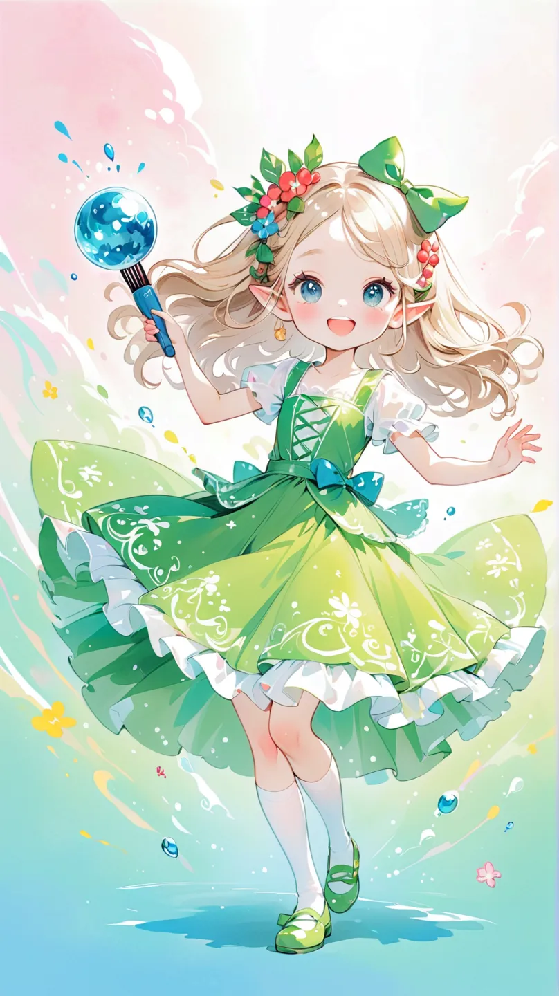 A beautiful smiling girl, She is dancing, Comb the ball head,The hair is decorated with a bow， A vibrant watercolor splash ink pencil drawing, Full body portrait in anime style, Detailed character design drawn in digital art style on gradient background, C...